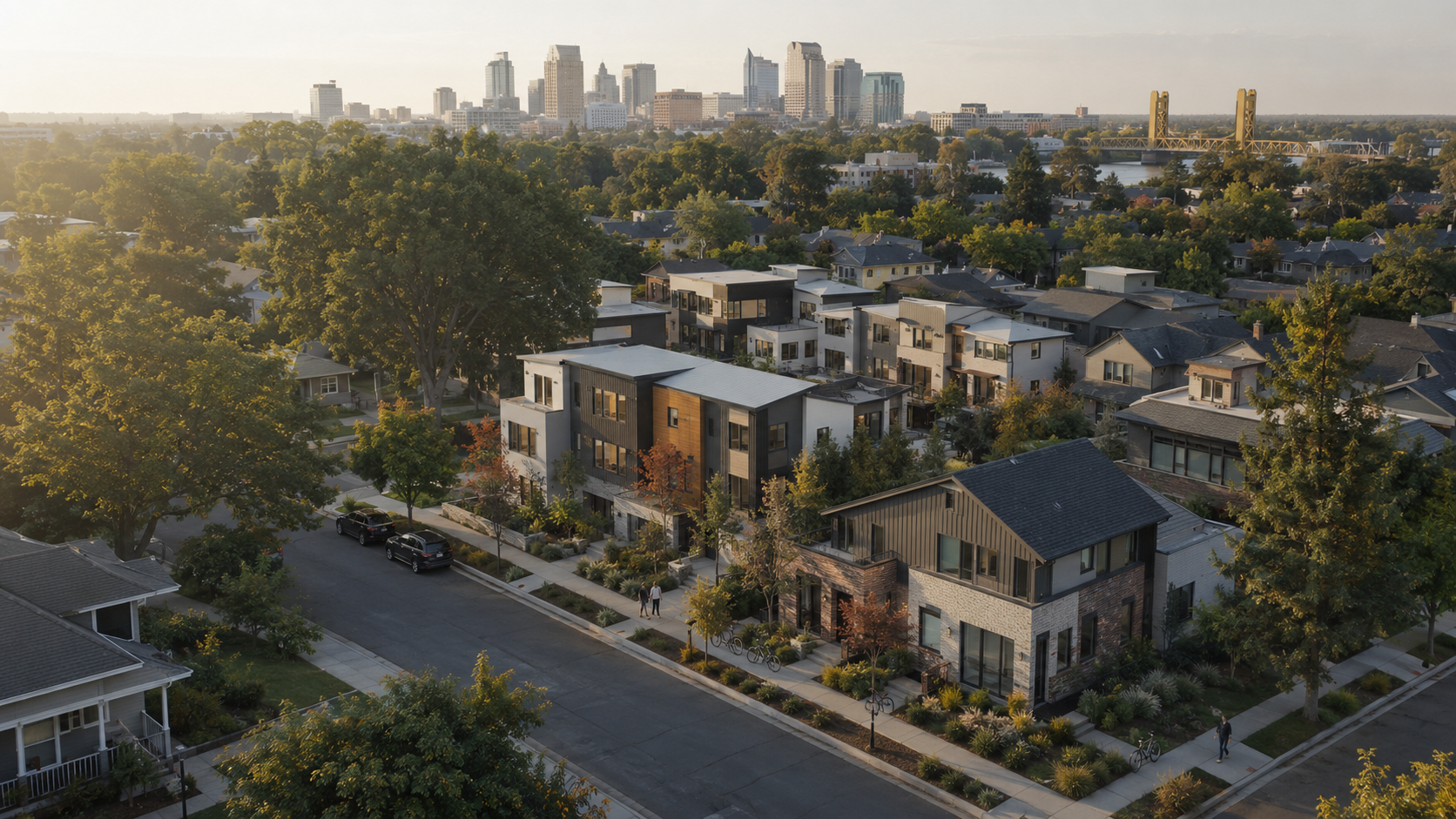 Thoughtful infill housing integrated into an established tree-lined neighborhood at golden hour